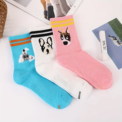3 Pairs Cartoon Dog Print Socks Striped Crew Socks Women's Stockings