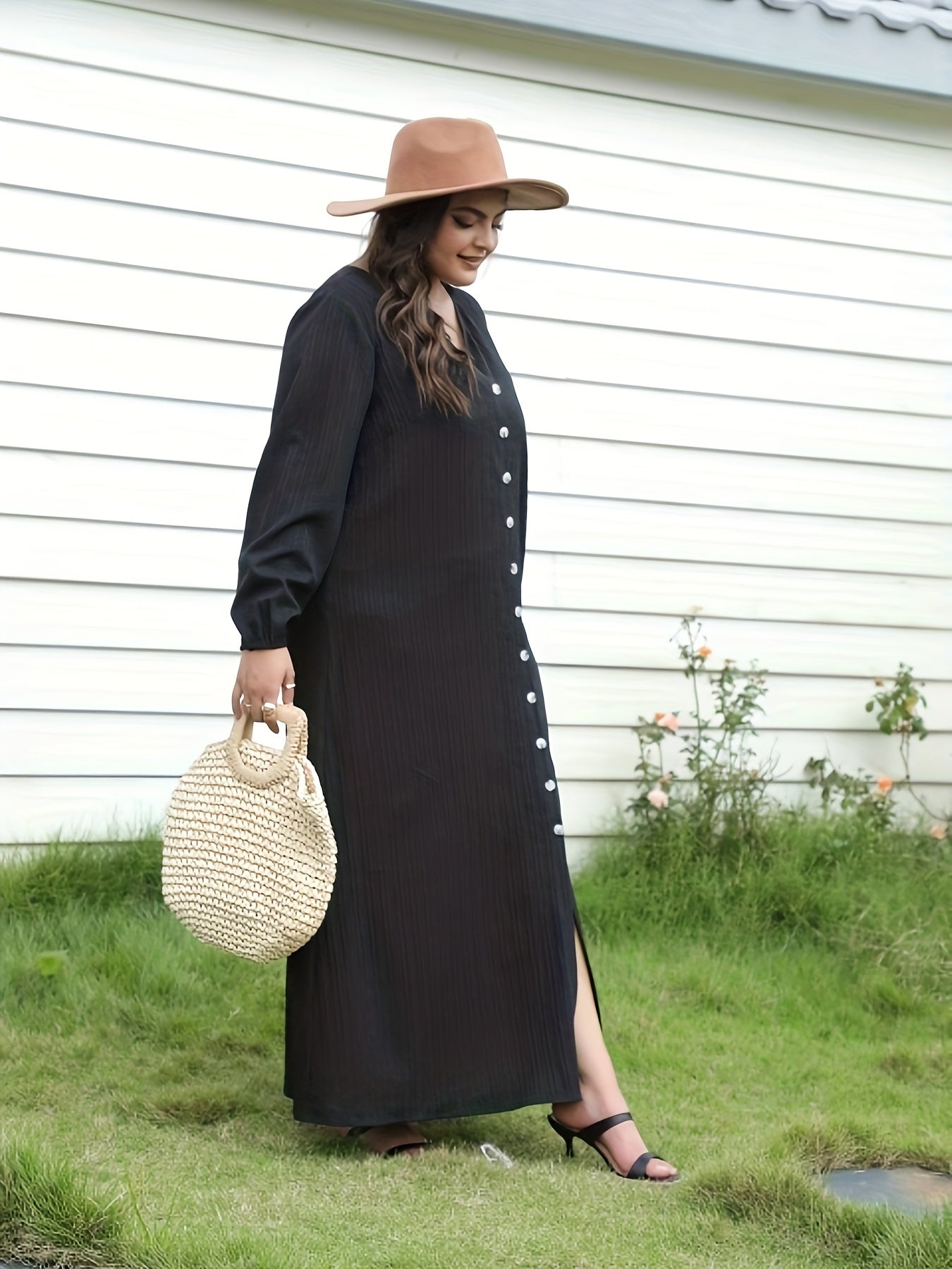  Ribbed Button Up Lantern Sleeve V Neck Maxi Dress