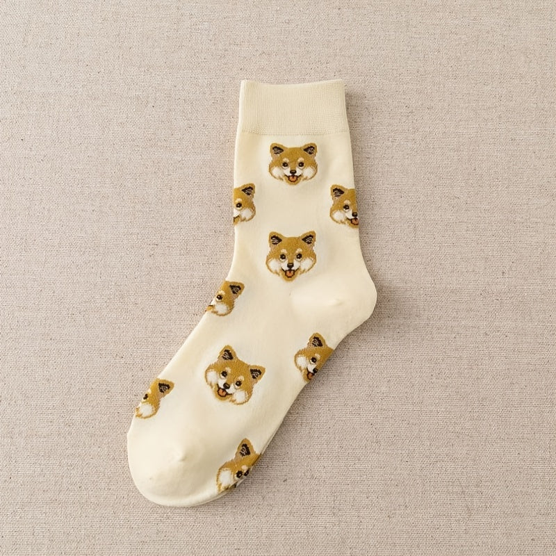 5 Pairs Women's Cotton Dog Pattern Crew Socks Multicolor