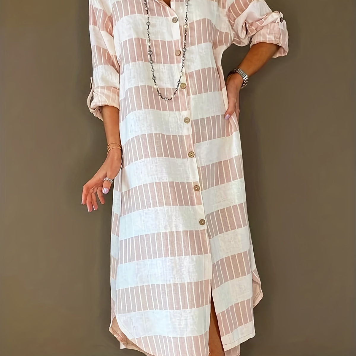  Colorblock Stripe Print Button Up Roll Sleeve Maxi Shirt Dress