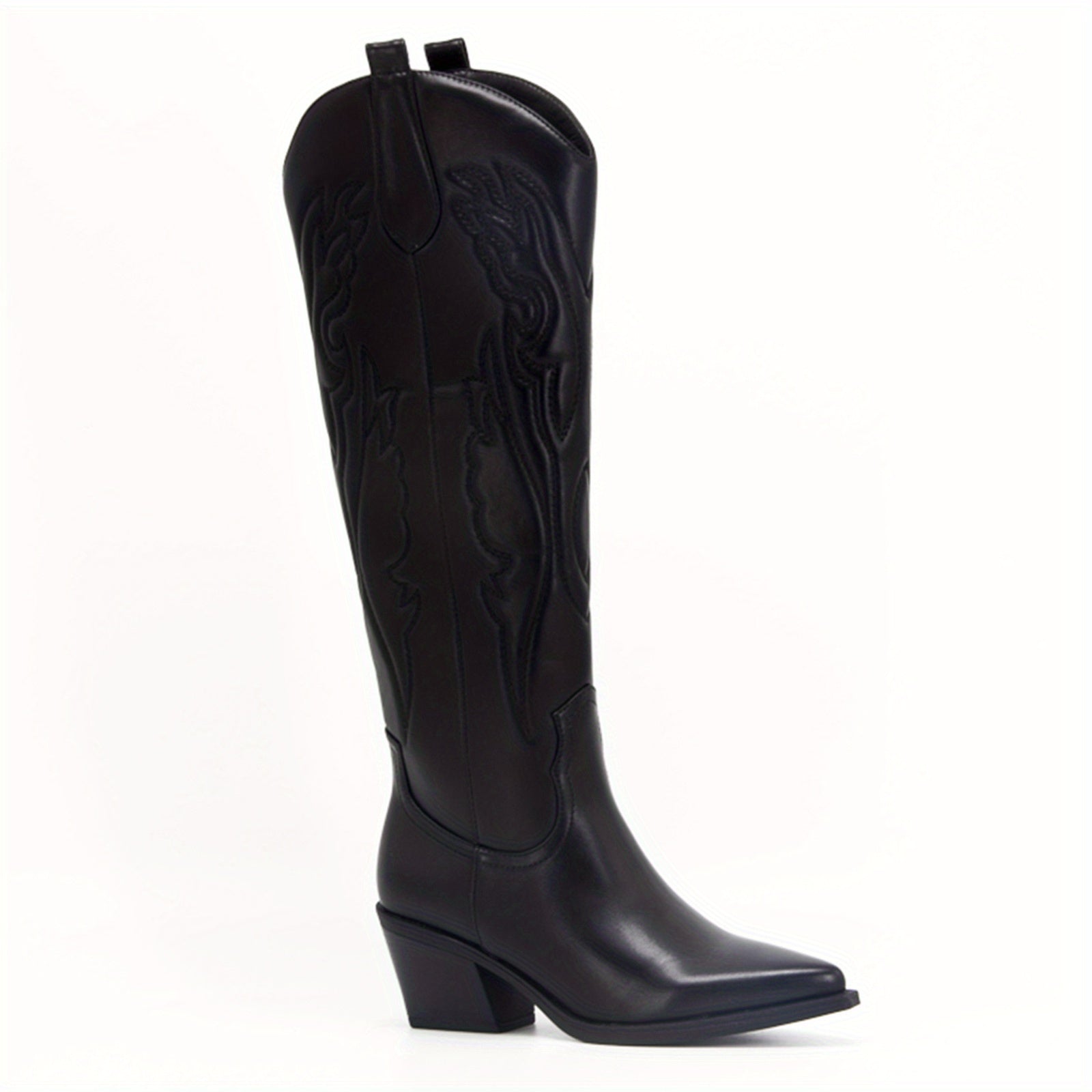 Embroidered Knee High Boots Pointed Toe Chunky Heel Western Shoes