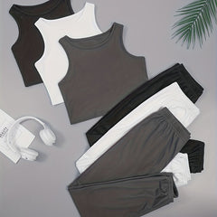 6 Pack Plus Size Lounge Set Women's Solid Crop Tank & Joggers Pajama 6 Piece