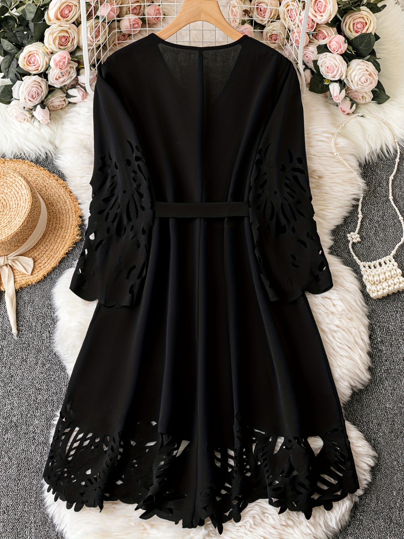  Casual Dress Laser Cut Out 3/4 Sleeve A-line