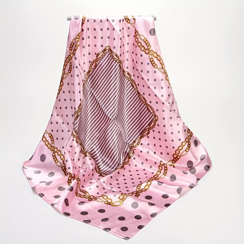 Polka Dot Print Square Scarf Chain Pattern Satin Vintage Bandana Shawl Silk