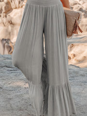  Solid Elastic Waist High Rise Wide Leg Trousers