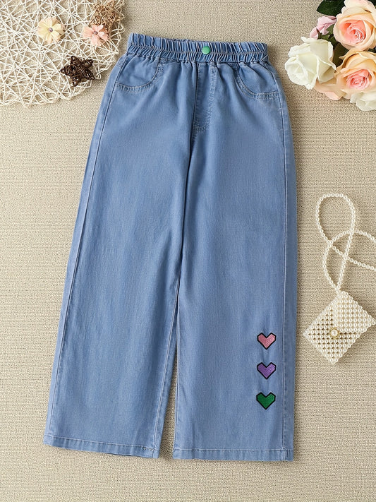 Girls Heart Embroidered Wide Leg Jeans for Spring Summer