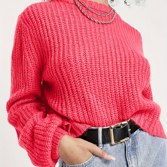 Solid Crew Neck Pullover Sweater Long Sleeve Loose Sweater Women's Clothing