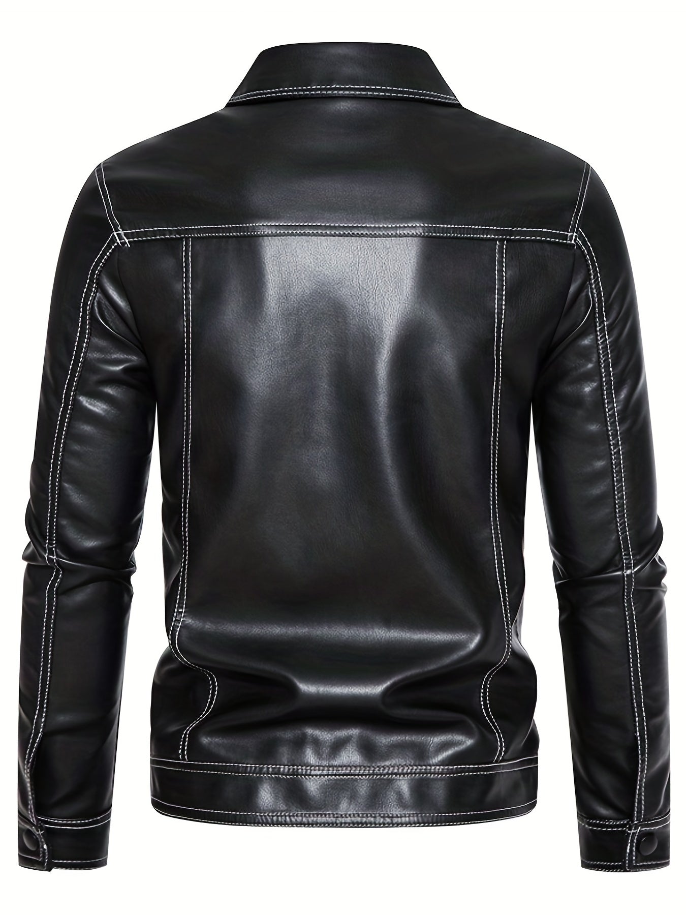 Men's Retro Motorcycle PU Leather Zip Up Jacket with Topstitch Lapel