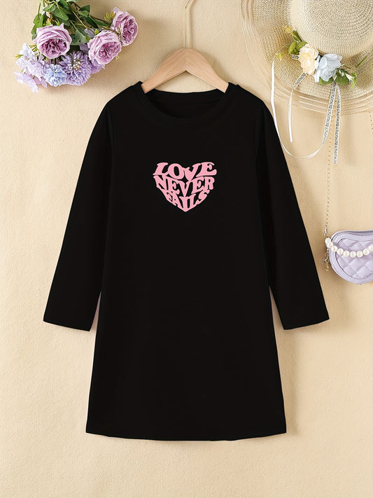 Girls' Heart Print Long Sleeve Dress for Spring Fall