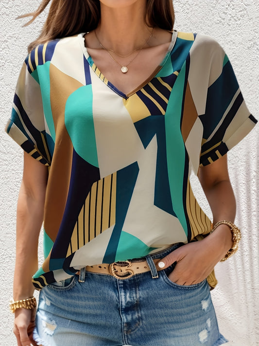  Colorblock Geometric Print V Neck Blouse