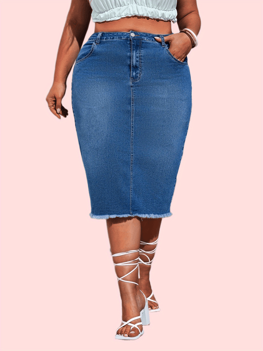  Casual Denim Skirt Women's Plus Solid Raw Trim Button Fly High Rise