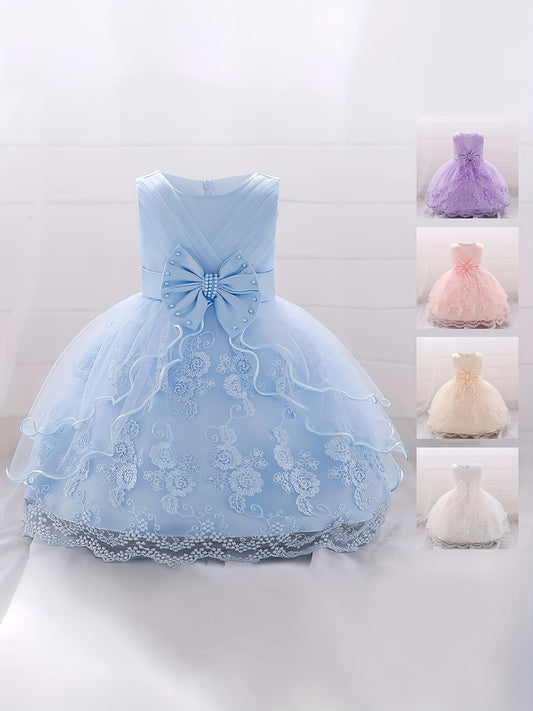 Infant Toddler Girls Pompadour Dress Embroidery Mesh Flower Girl Birthday Dress