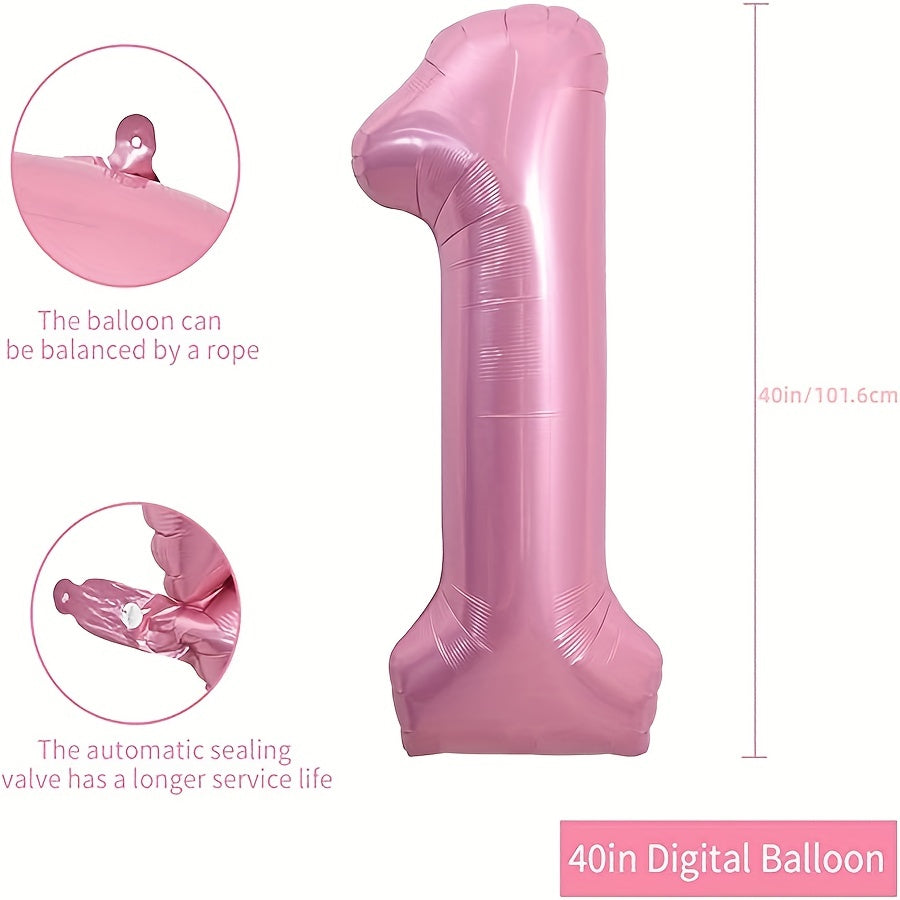 40 Inch Macaron Pink Number Balloons 0-9 with Ribbon & Straw