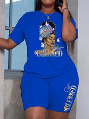 Blessed Girl Print 2 Pieces Set Crew Neck Short Sleeve T-shirt & Bodycon Shorts