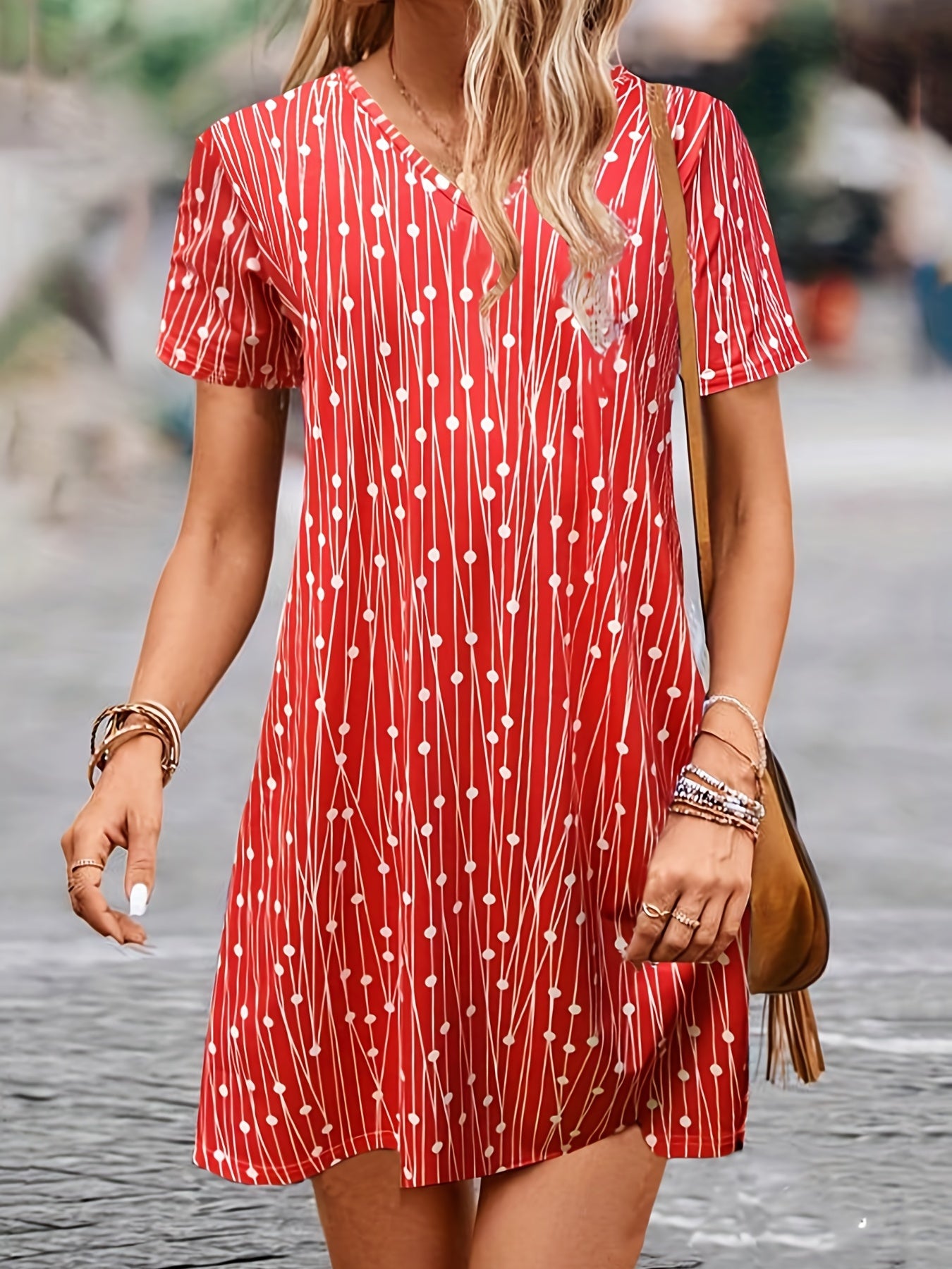  Geometric Print V Neck Dress