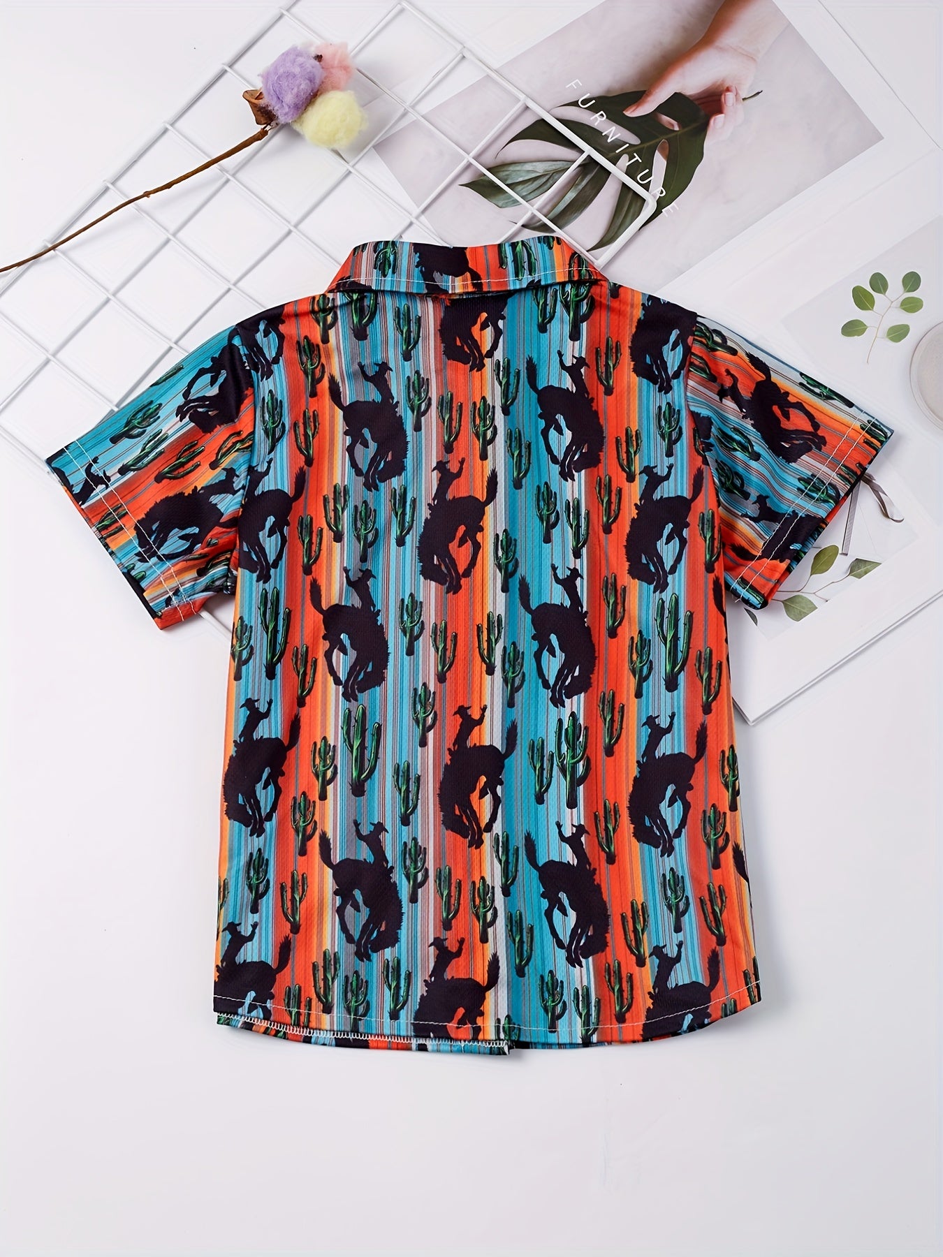 Boys Bull Cactus Striped Short Sleeve Button Down Shirt Casual Summer Clothes