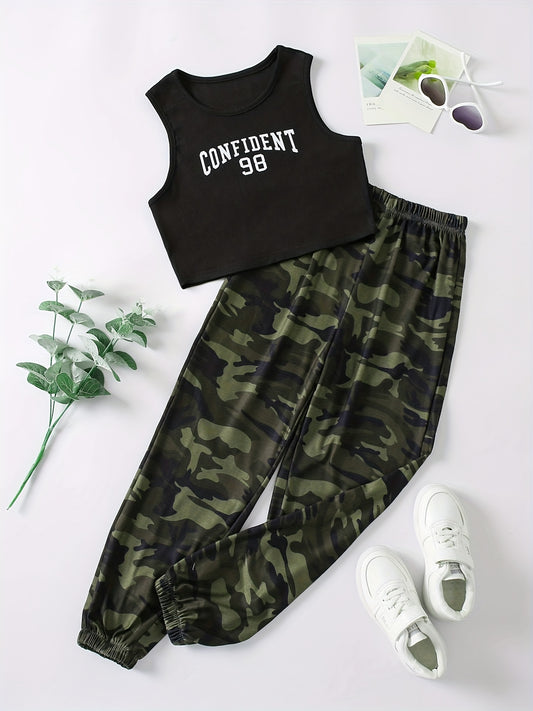 2pcs Girls CONFIDENT Graphic Tank Tops & Camo Pants Set Summer Clothes