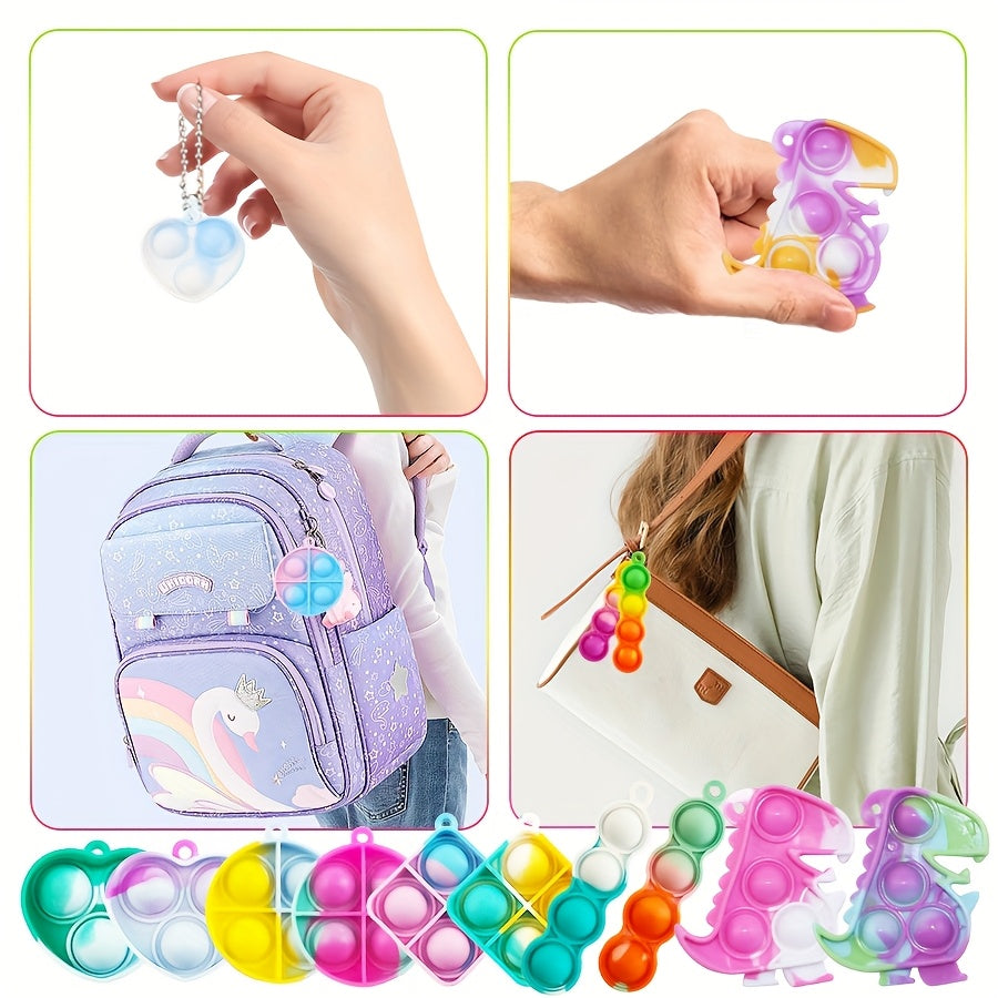 10pcs Mini Pop Toys Keychains Assorted Colors 5 Unique Shapes