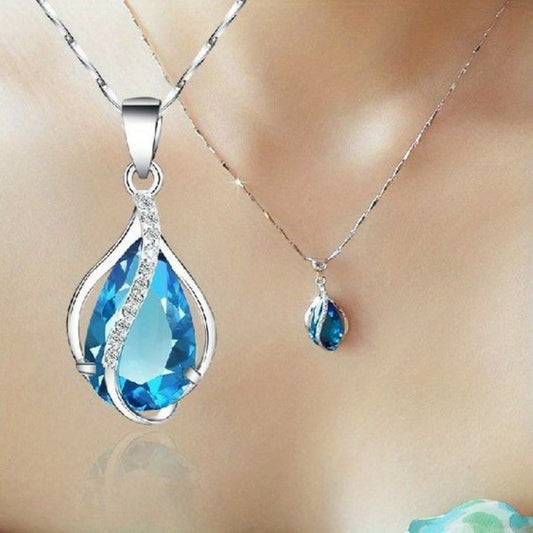925 Silver Plated Aquamarine Gemstone Pendant Necklace for Women