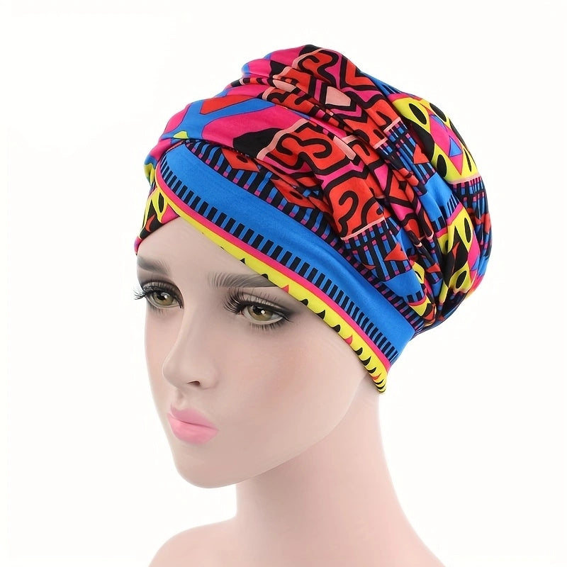 Boho Geometric Print Turban Hat Floral Pattern Chemo Cap Head Wrap
