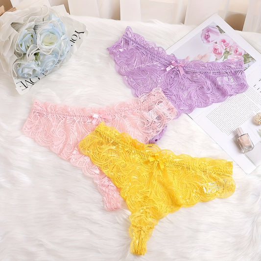 3 Pack Plus Size Sexy Panties Set Lace Bow Detail See Through Underwear