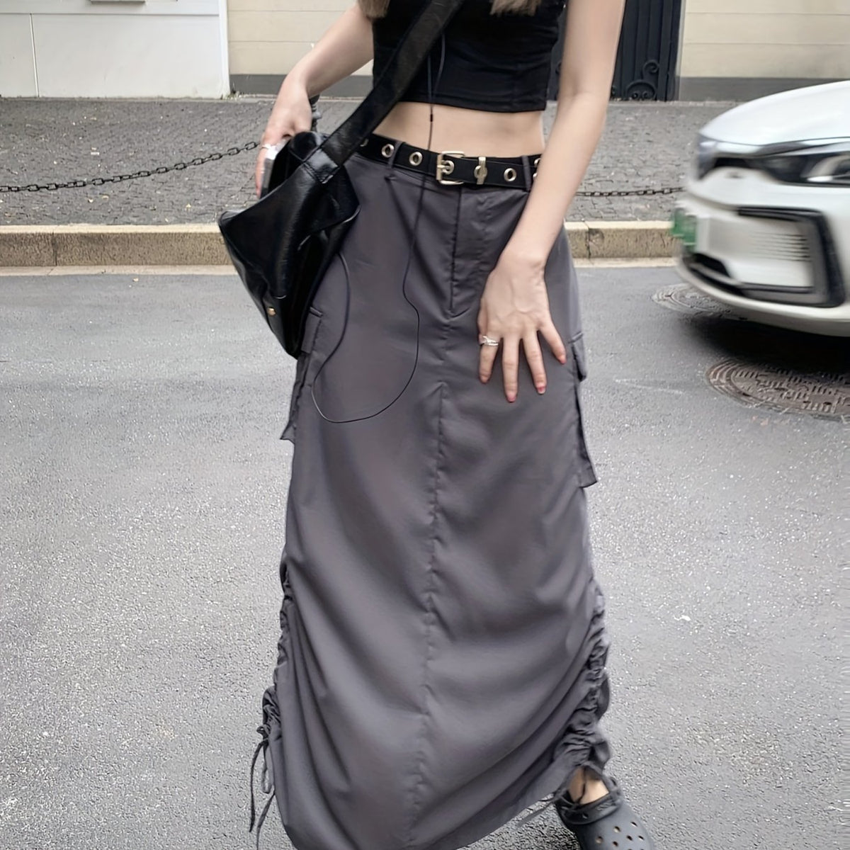Drawstring Ruched Cargo Skirt with Flap Pockets