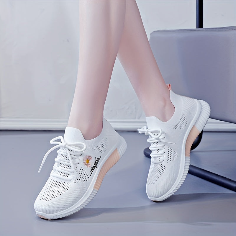 Women's Daisy Pattern Lace up Mesh Sneakers Soft Sole Athletic Shoes