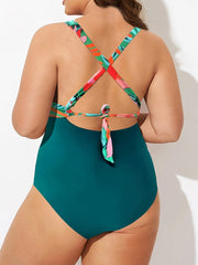  Colorblock Floral Print One Piece Swimsuit