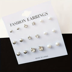 9 Pairs Round Faux Pearl Stud Earrings Set Silver Plated