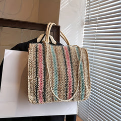 Rainbow Straw Beach Bag Colorblock Shoulder Bag For Travel Vacation