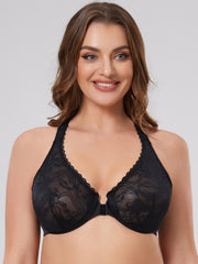 Floral Jacquard Plus Size Front Closure Racer Back Bra