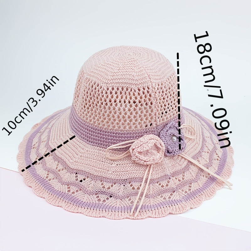 Knitted Bucket Hat Hollow Breathable Sunscreen Beach Hats Wide Brim