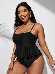 Solid Ruffle Trim One Piece Bikini Plus Size High Stretch Swimsuit