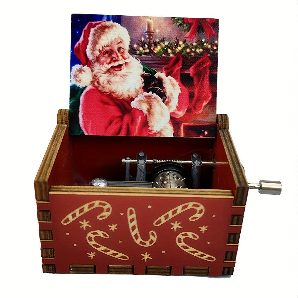 Christmas Music Box Hand Crank Laser Engraved Wood Red Funny Gift