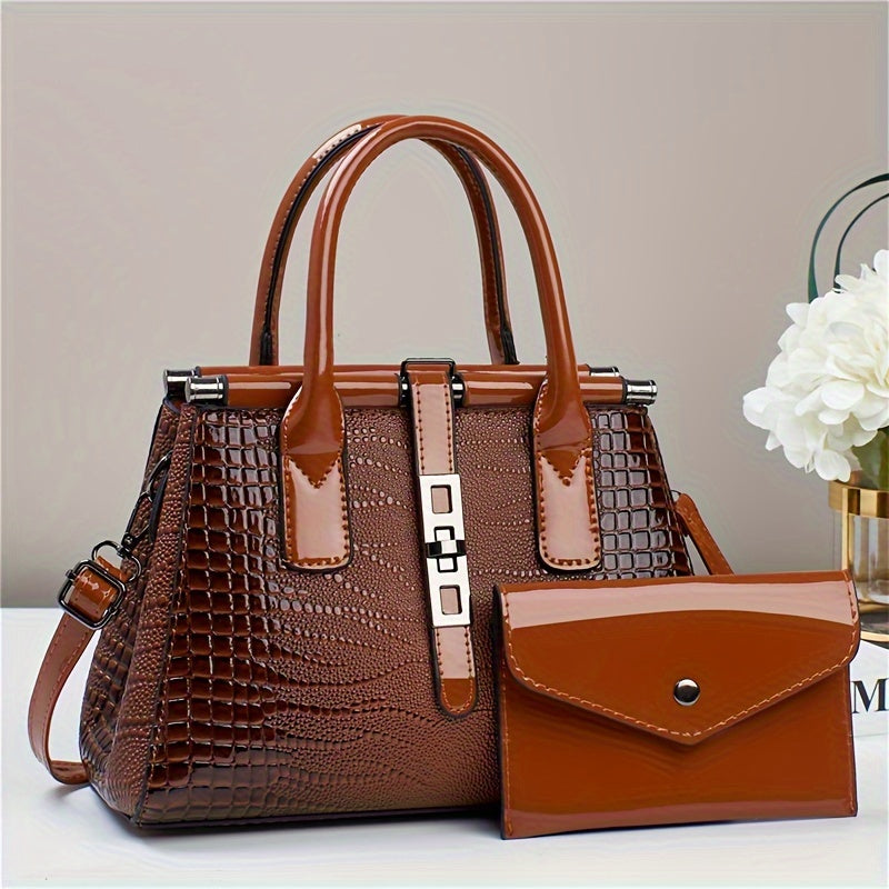 Crocodile PU Leather Tote Bag Set with Clutch - 2 Piece Lady Purse