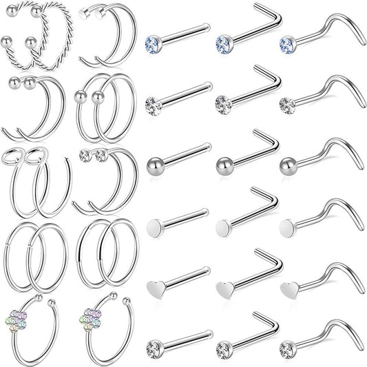 36 Pcs Titanium Steel Nose Piercing Jewelry Set Unisex