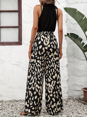 Leopard Print Wide Leg Jumpsuit Drawstring Sleeveless