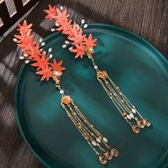 Beaded Tassel Hair Clip w/ Maple Leaf Design