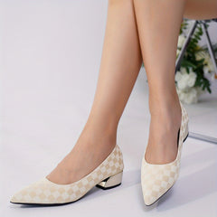 Women's Checked Court Pumps Pointed Toe Chunky Low Heels Work Shoes
