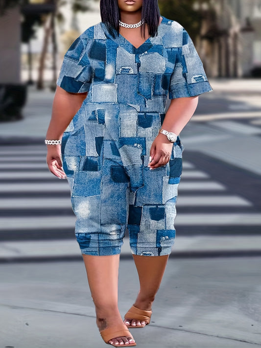  Denim Print V Neck Jumpsuit with Pockets