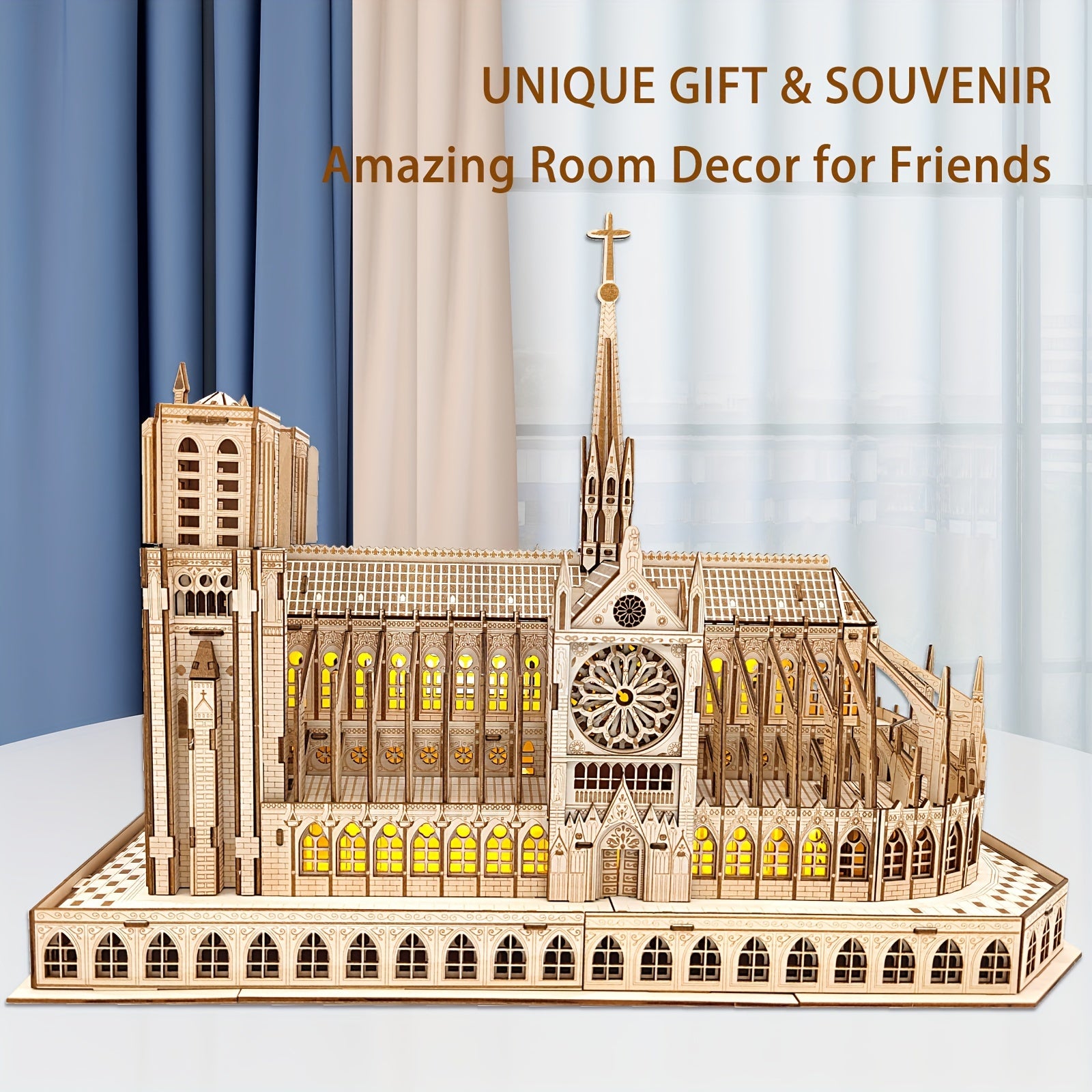 3D Wooden Puzzle Notre Dame Cathedral Model Kit with LED - DIY Brain Teaser Game