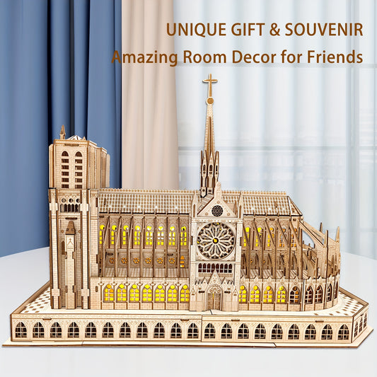 3D Wooden Puzzle Notre Dame Cathedral Model Kit with LED - DIY Brain Teaser Game