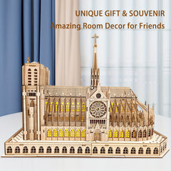 3D Wooden Puzzle Notre Dame Cathedral Model Kit with LED - DIY Brain Teaser Game