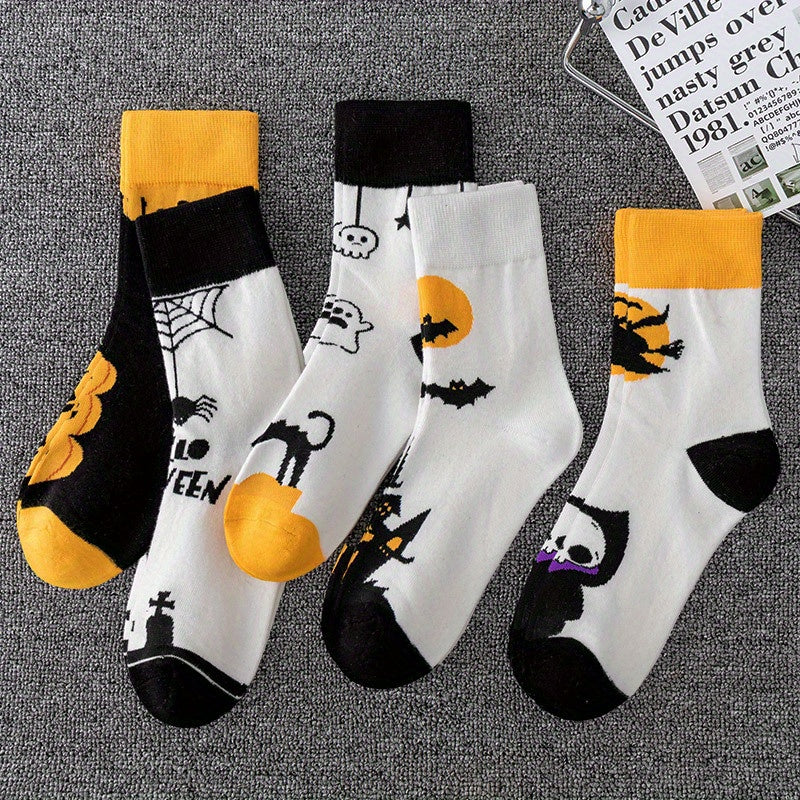 5 Pairs Ghost & Bat Print Socks Halloween Mid Tube Socks Women's Stockings