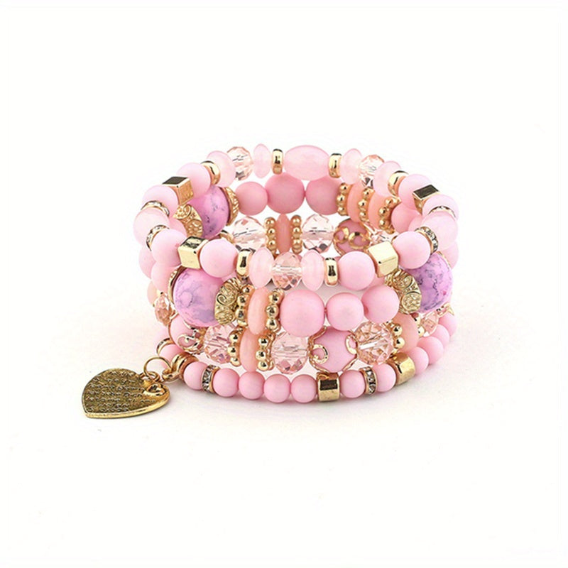 Heart Charm Bead Layered Bracelet Set Vintage Jewelry Gift