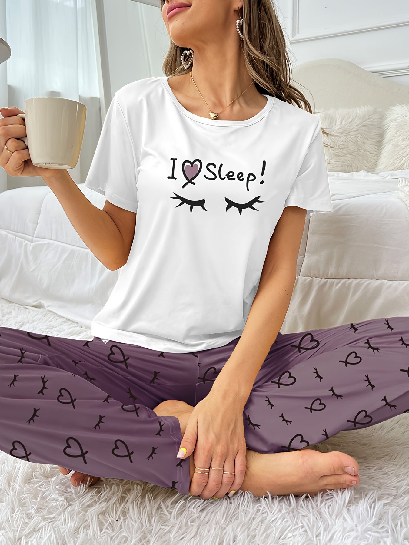 Heart Print Pajama Set Short Sleeve Crew Neck Top & Elastic Waistband Pants