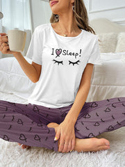 Heart Print Pajama Set Short Sleeve Crew Neck Top & Elastic Waistband Pants
