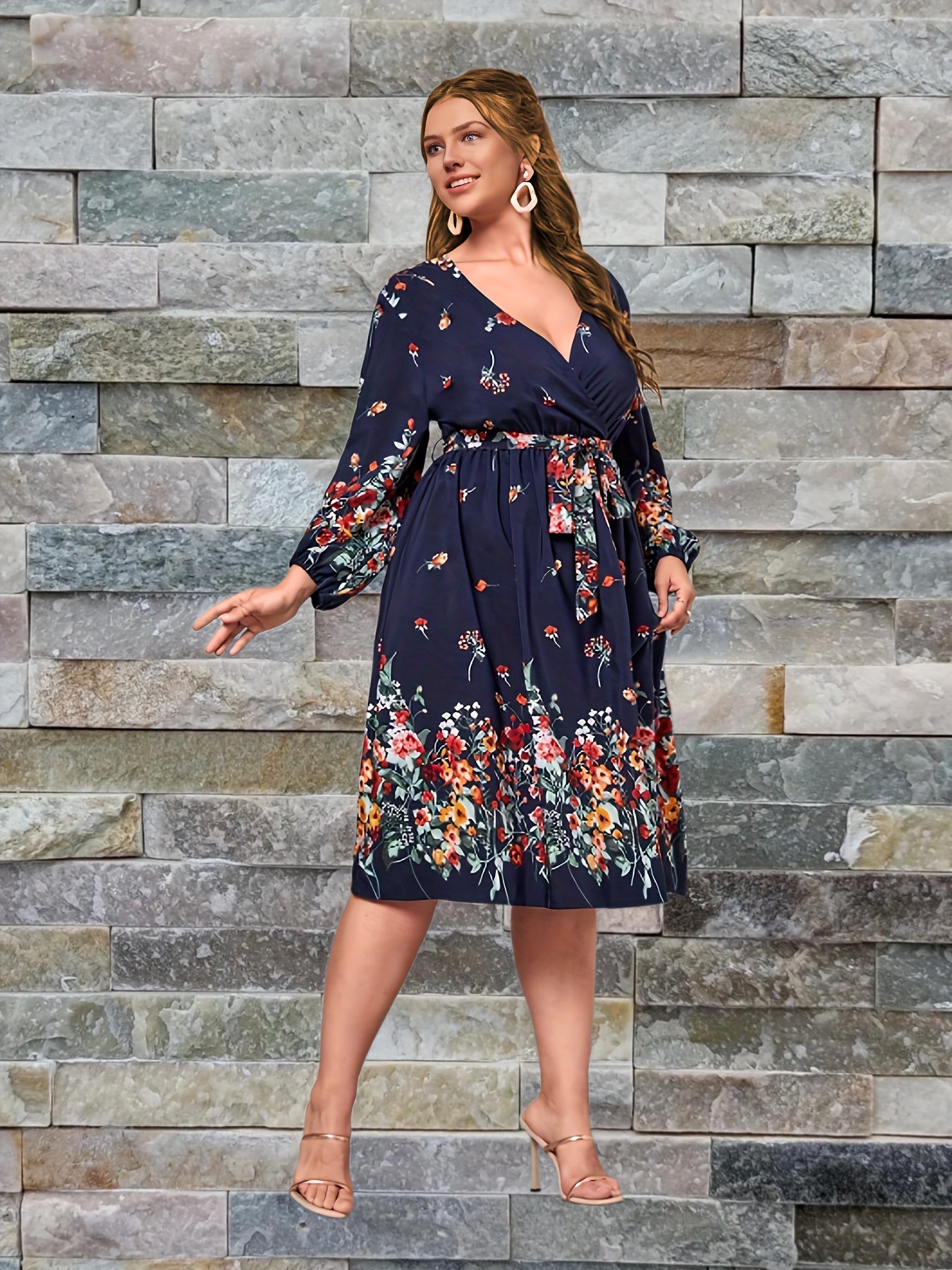  Floral Print Lantern Sleeve Belted Dress