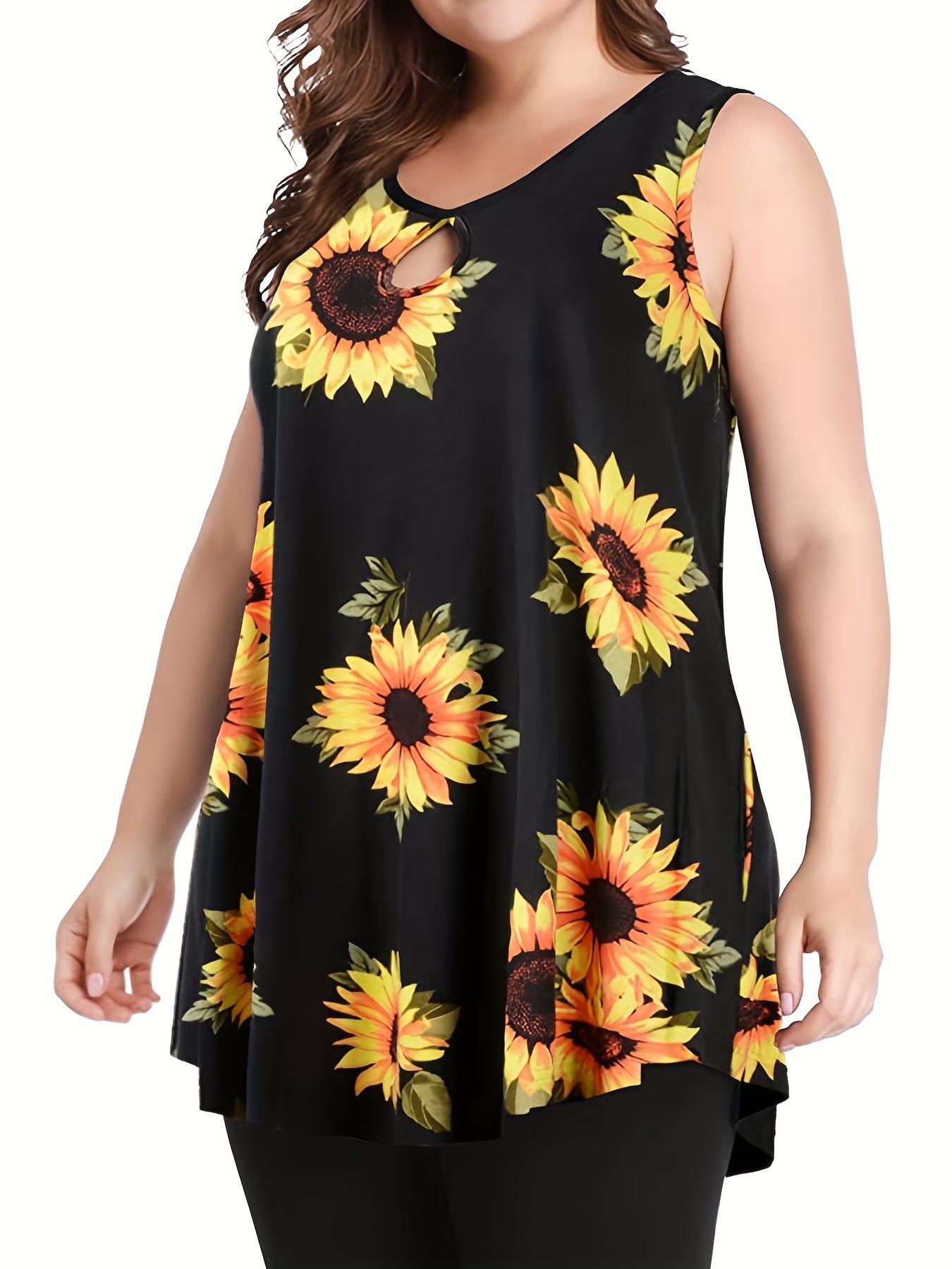 Sunflower Print Cut Out Round Neck Tank Top