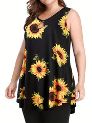 Sunflower Print Cut Out Round Neck Tank Top